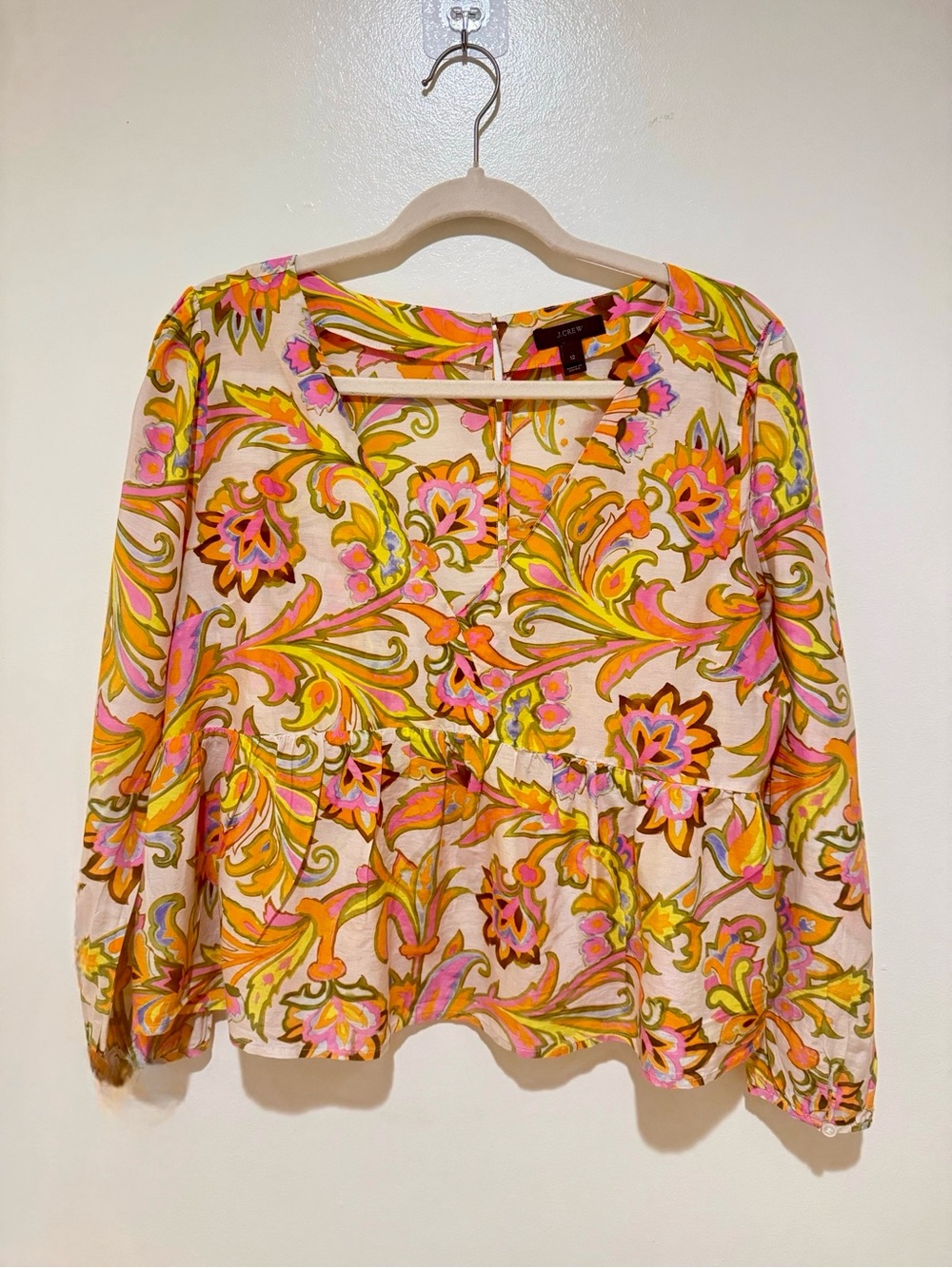 J. Crew Pink & Orange Paisley-Print Peplum Top cotton/silk Size 12